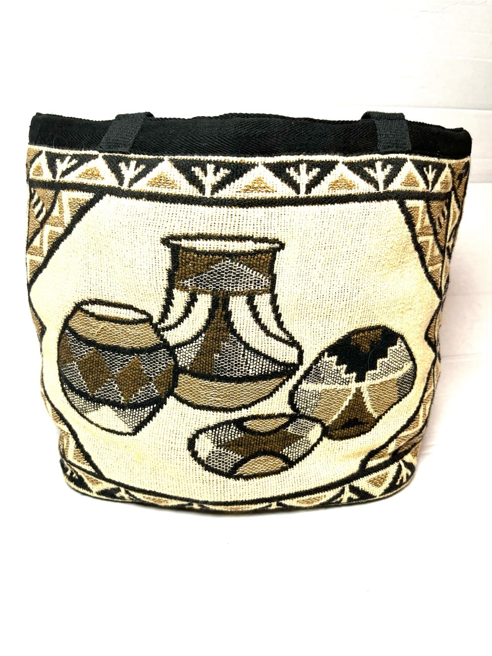 Woven Tribal Pottery Tote Bag - Black & Cream